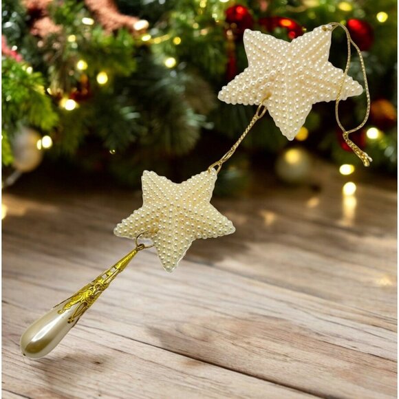 Vintage Faux Pearl Beaded Star Christmas Tree Ornament Dangle with Gold Accents - Picture 1 of 7